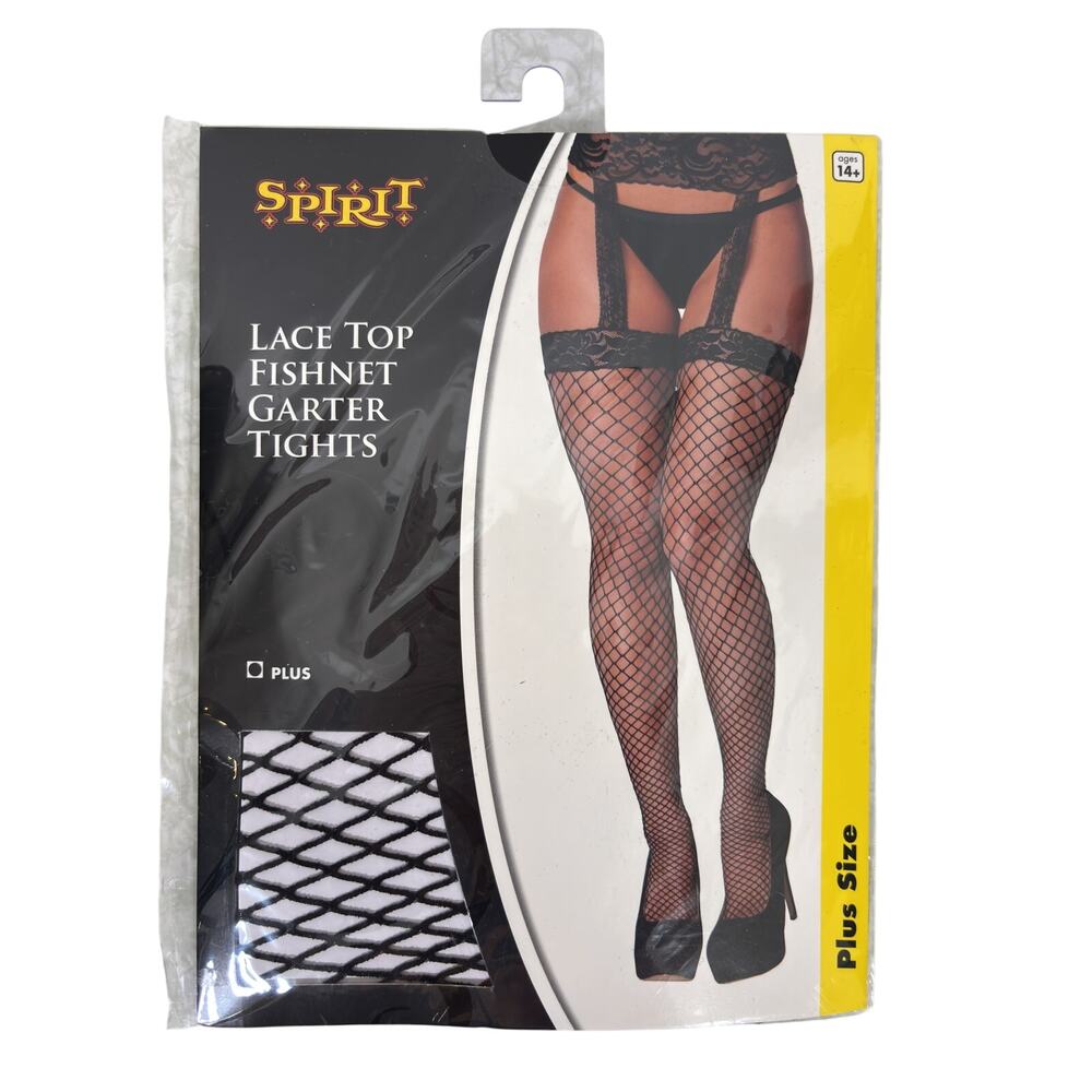 Spirit Halloween Tights Womens Plus Size Black Lace Top Fishnet Garter Nylon NWT